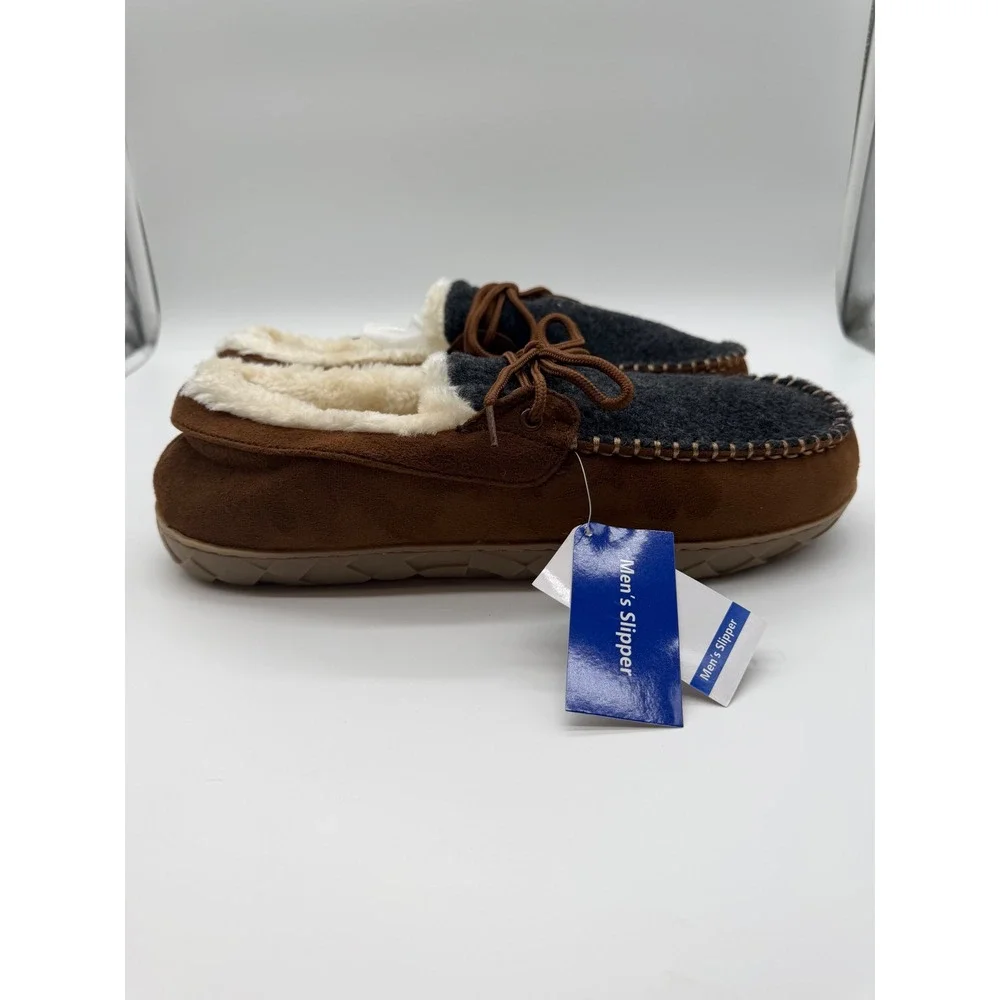 Mens Brown Faux Suede Moccasin Slippers Trim Faux Fur Lined Size 12 NEW